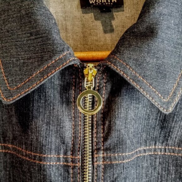 Worth Blue Denim Camel Leather Pocket Zip Jacket - Picture 3 of 9